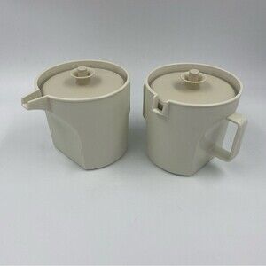 Vintage Tupperware Creamer & Sugar Bowls - Tan Push Button Lid